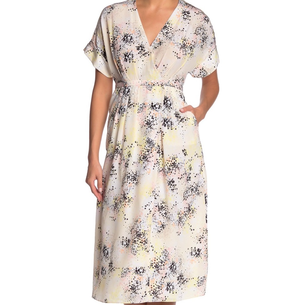 EQUIPMENT Sz6 TAVINE SILK KIMONO SLEEVES WRAP MIDI DRESS PRINT ECRU NWT$450